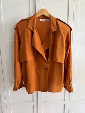 Vintage Pierre Cardin 100% Silk Trench Blouse Double Breasted Rust Orange 12